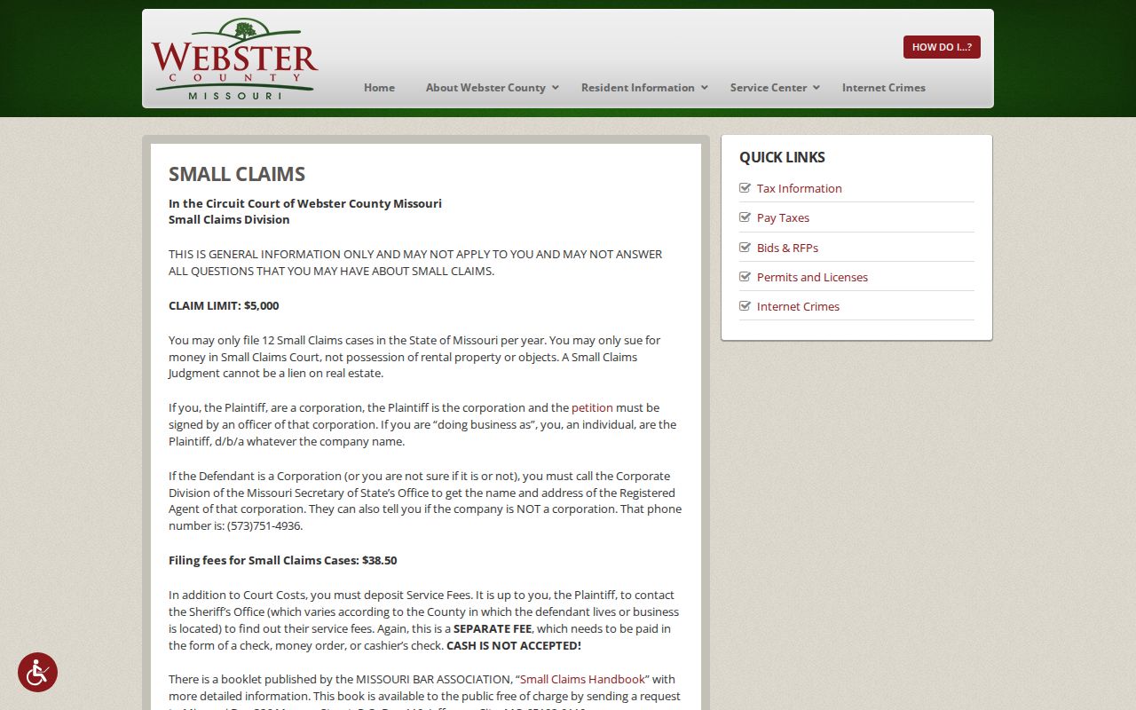 Webster County civil docket small claims information reference