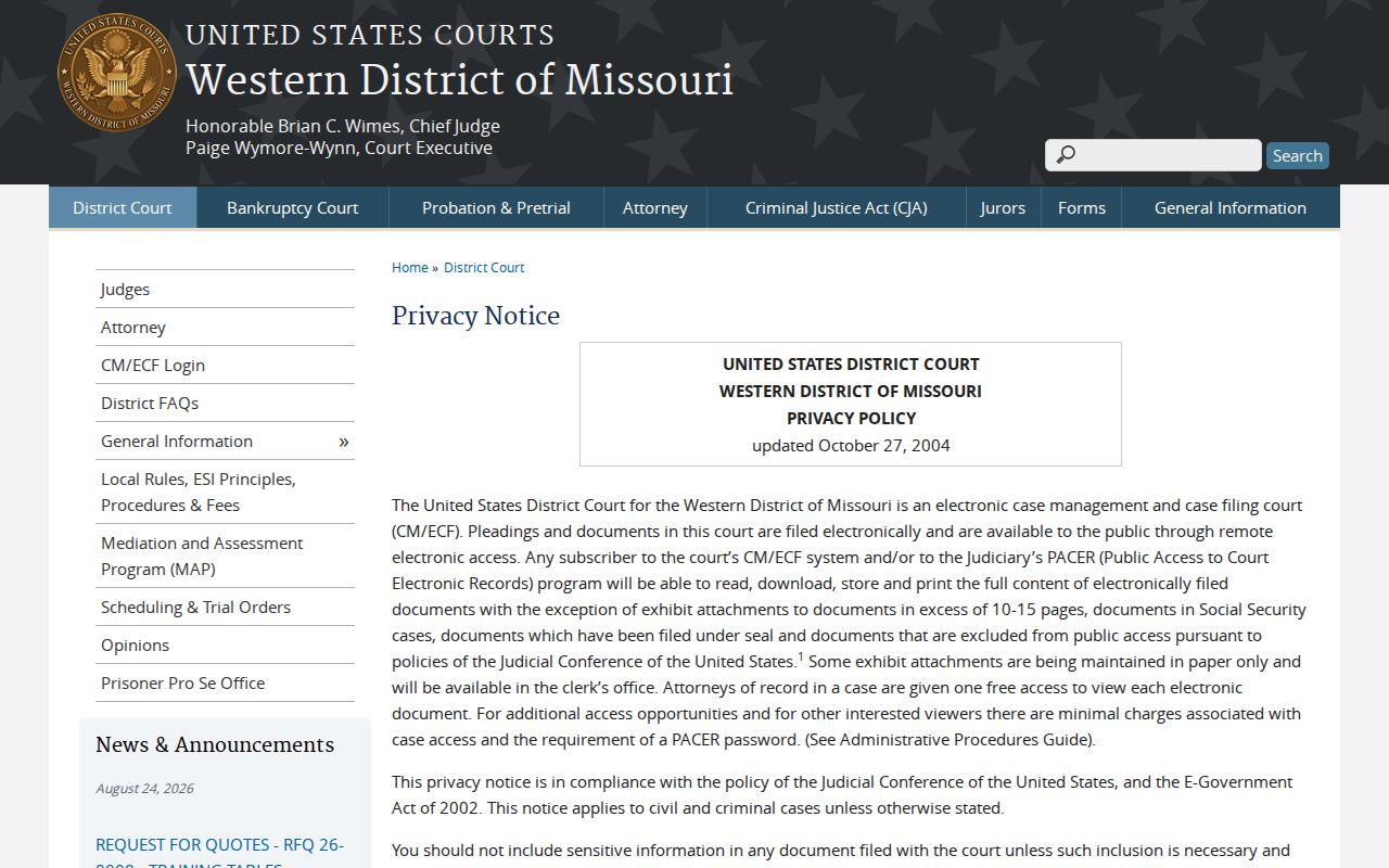 Conway court docket privacy context from the official Western District of Missouri policy