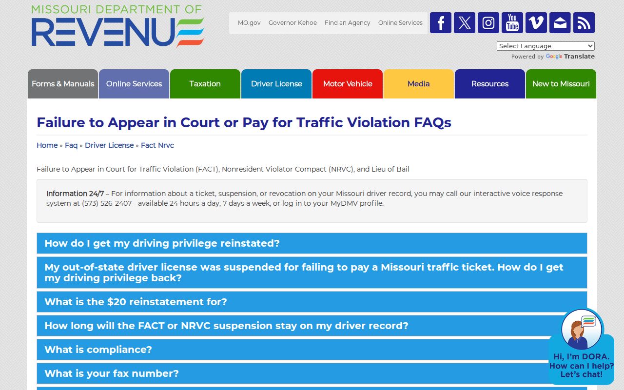 Fordland court docket traffic compliance context from the Missouri FACT NRVC FAQ
