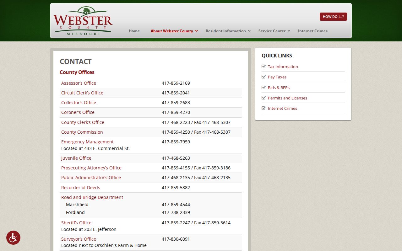 Fordland court docket county clerk contact reference from the official Webster County contact page